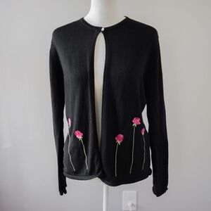 Black Cardigan with Pink Floral Embroidery